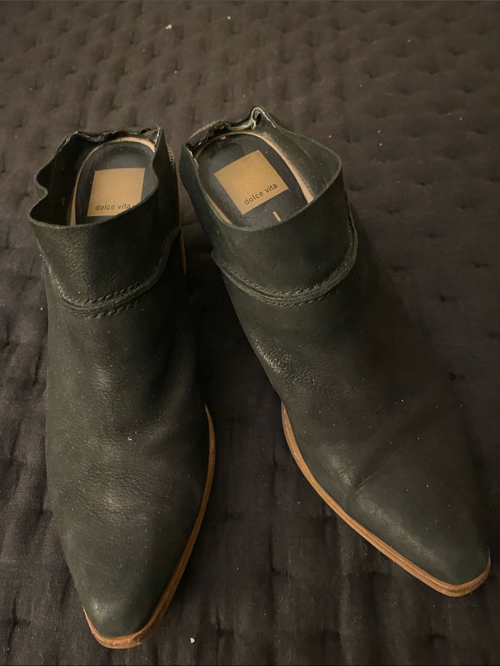 Dolce Vita Woman’s Black Pointed Leather Ankle Boots with Tan Trim